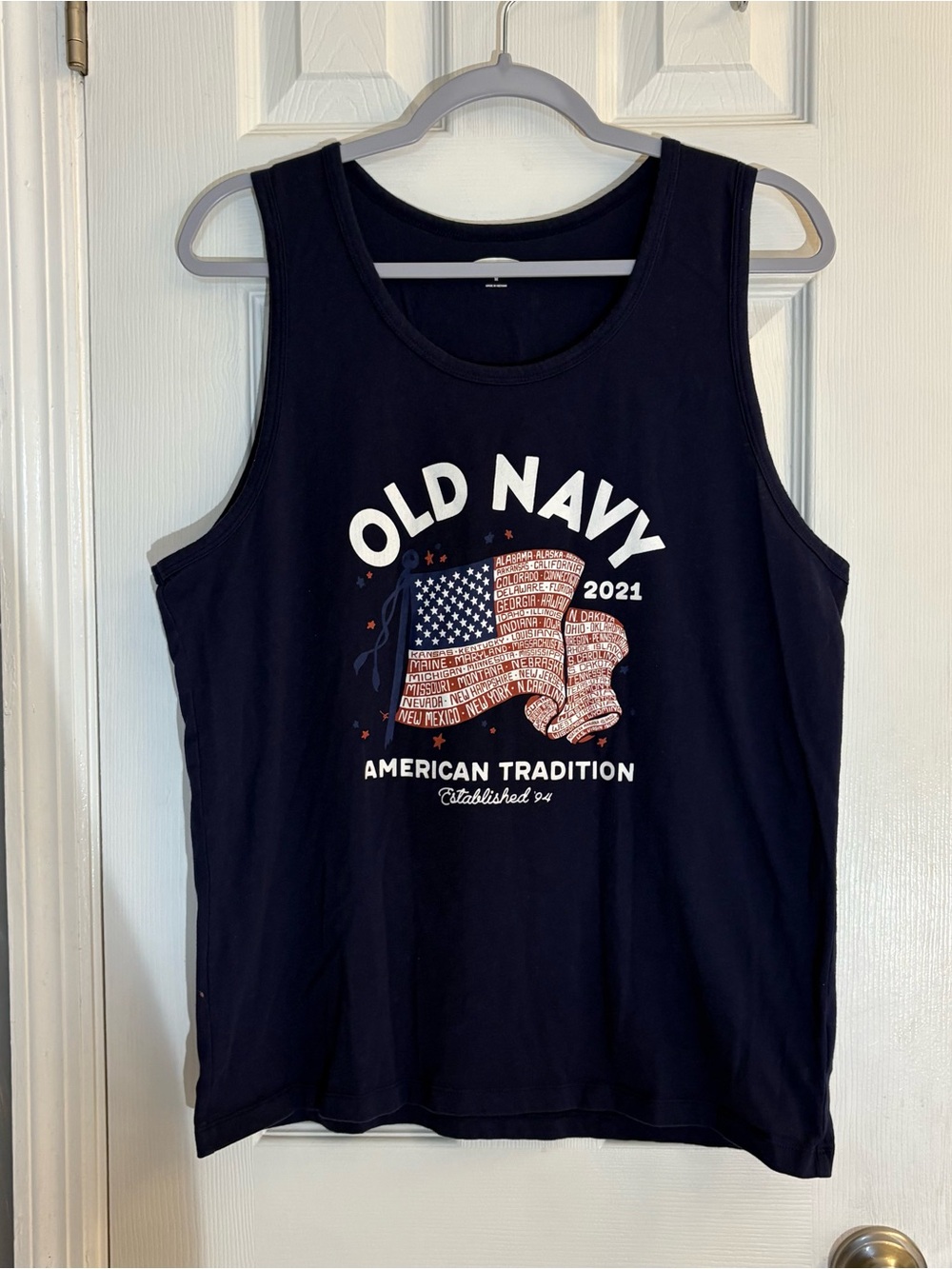 Old Navy Flag Tank Top Mens Medium M Blue American Tradition Established 94 2021